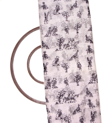 White Colour Warli Print Pure Chiffon Lurex Fabric